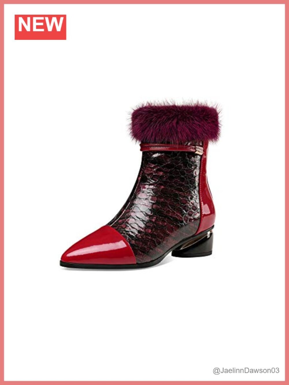 Patent Leather Pointed Toe Mid Calf Boots Side Zipper Chunky Heel